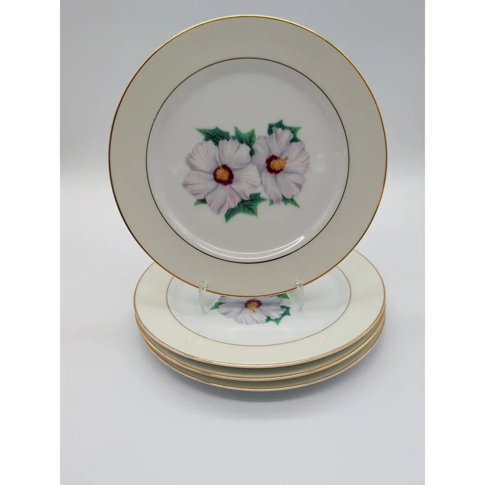 4 Vtg Kent Narumi China Tropical White Hibiscus Salad Plates KENTROP Japan